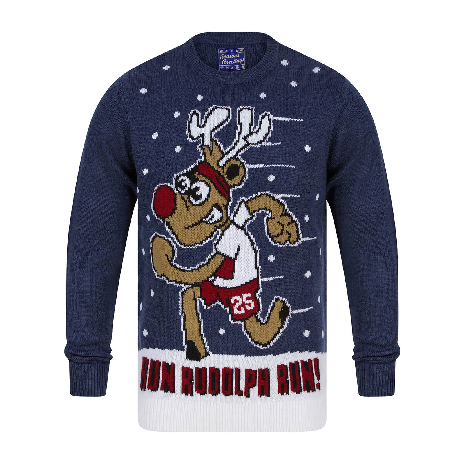 Mr Crimbo Mens Running Reindeer Run Rudolph Christmas Jumper Denim Marl
